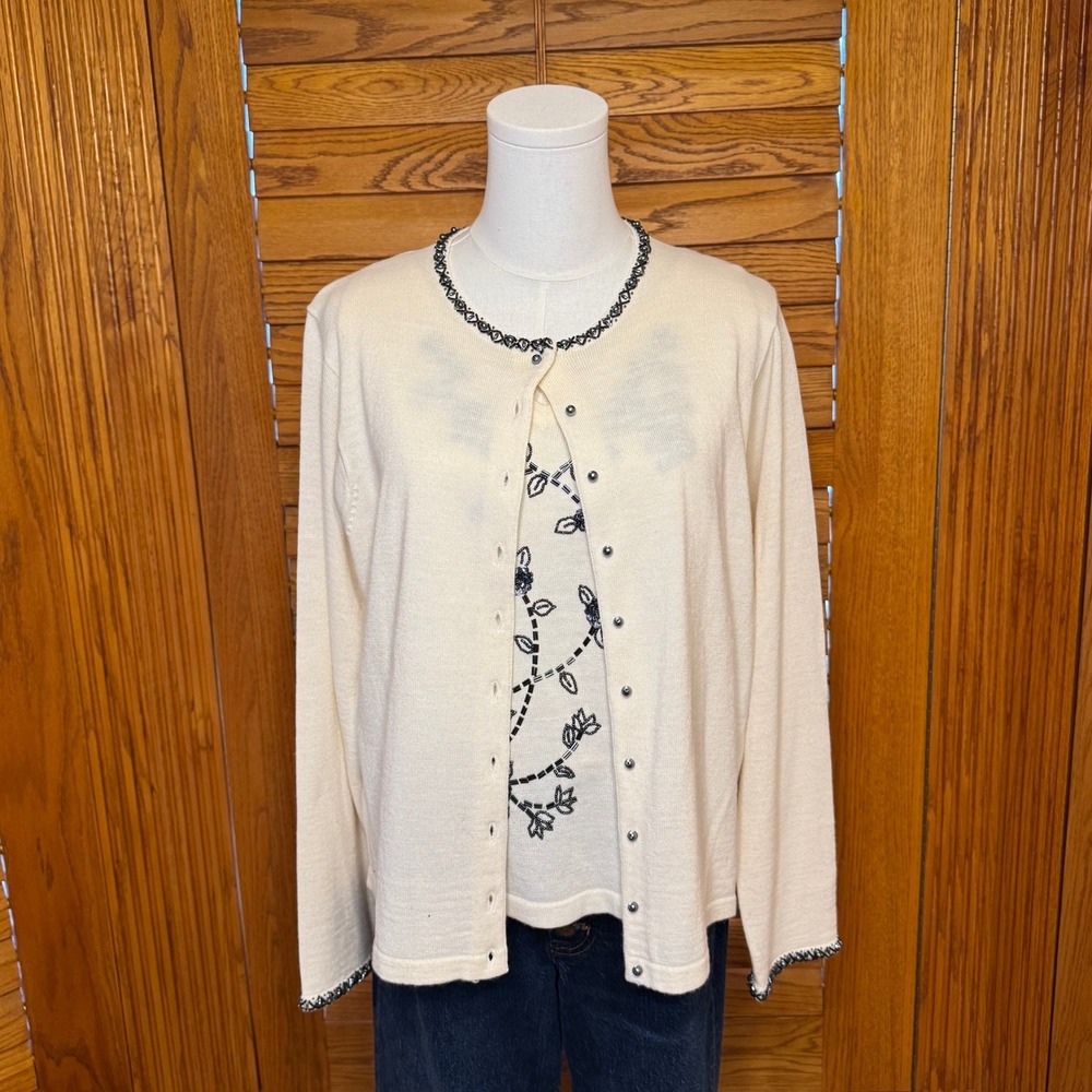 Christina Cream Beaded Floral Sweater Set Cardigan Shell Cream Black Large